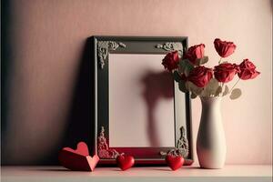 Realistic Blank Photo Frame With Roses Pot And Hearts.