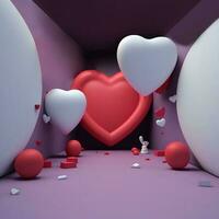 3D Render of Room Interior Decorative With Matte Heart and Balloons. photo