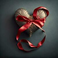 3D Render of Bronze Heart Shape Wrapped With Red Ribbon On Gray Grunge Background. photo