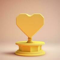 3D Render, Yellow 3D Heart Shape Stand Or Pedestal. photo