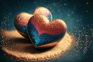 3D Render, Shiny Glittery Heart Shapes On Golden And Blue Sparkles Background. Valentine's Day Background. photo