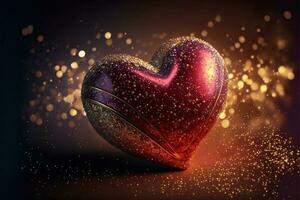 Shiny Red Glittery Heart Shape On Bokeh Light Background. 3D Render. photo