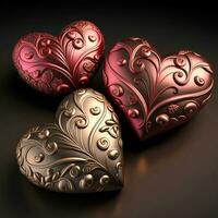 3D Render, Bronze And Copper Ethnic Hearts Shapes. photo