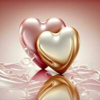 lustroso dorado y rosado dos corazón formas con reflexión antecedentes. 3d hacer amor concepto. foto