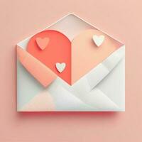 Pastel Colour Paper Cut Hearts Inside Envelope In 3D Render. photo
