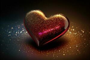 Shiny Glittery Heart Shape On Golden Lighting Background. 3D Render. photo