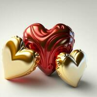 3D Render Of Glossy Golden And Copper Hearts Shapes Balloons. photo