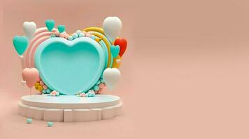 3D Render, Soft Pastel Color Heart Shape Frame With Podium And Decorative Balloons. photo