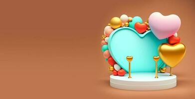 3D Rendering Heart Shape Frame Decorated With Balloons on Podium And Copy Space. photo
