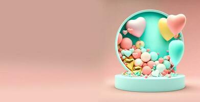 3D Rendering of Heart Shape Frame With Podium, Balloons And Decorative Elements. photo