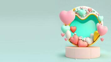 3D Rendering Heart Shape Frame Decorated With Balloons on Podium. photo