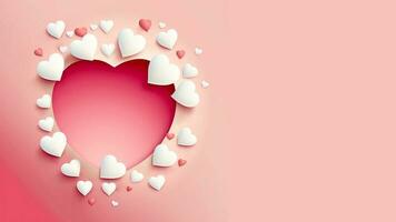 3D Render Abstract Paper Cut Heart Shape Background In Pastel Red And White Color. photo