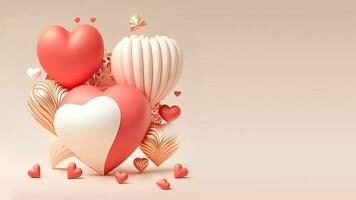 3D Render of Heart Shapes In Romantic Red And Golden Color. photo