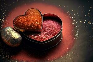3D Render, Hearts Shape Metal Boxes Full of Glitters Against Lighting Background. Valentine's Day Concept. photo