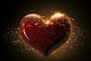 Shiny Red Glittery Heart Shape On Golden Light Background. 3D Render. photo