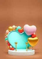 3d representación corazón forma marco decorado con globos en podio. foto