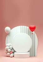 3D Render, Presented Circular Frame On Podium With Balloons. photo