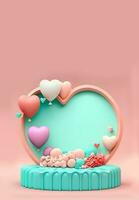 3D Rendering of Heart Shape Frame With Podium, Balloons And Decorative Elements. photo