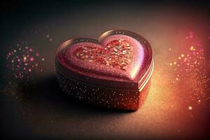 3D Render, Shiny Red Glittery Heart Shape Metal Box On Sparkle Lights Background. Valentine's Day Concept. photo