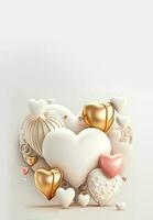 3D Rendering Heart Shapes In White, Golden, Pink Color. Creative Romantic Composition. photo