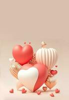 3D Render of Heart Shapes In Romantic Red And Golden Color. photo