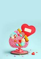 3D Render of Realistic Candies Heart Tree Or Stand And Frame Space For Text Or Message. photo