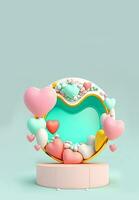 3D Render, Soft Pastel Color Heart Shape Frame With Podium And Decorative Balloons. photo