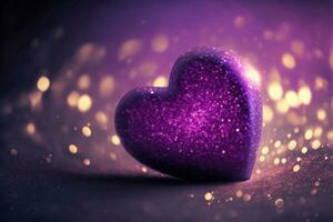 3d hacer de brillante púrpura reluciente corazón forma en bokeh Encendiendo antecedentes. amor concepto. foto