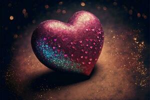 3D Render, Shiny Pink And Blue Glittery Heart Shape On Bokeh Lighting Background. Valentine's Day Concept. photo