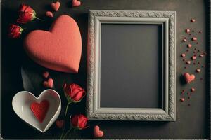 Realistic Photo Frame With Hearts Shapes, Roses On Charcoal Background. 3D Render Love Concept.