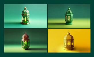 3D Render, Collection of Illuminated Arabic Lamps Against Background. Islamic Festival Concept. photo