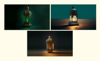 3D Render Collection of Illuminated Arabic Lamps Against Background. Islamic Festival Concept. photo