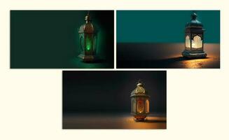 3D Render Collection of Illuminated Arabic Lamps Against Background. Islamic Festival Concept. photo