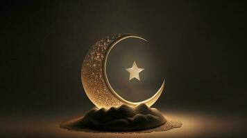 3D Render of Crescent Moon Decorated With Glowing Stars On Dune. Islamic Religious Concept. photo