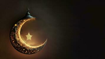 3D Render of Hanging Exquisite Carved Moon With Star On Dark Background. Islamic Religious Concept. photo