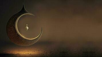 3D Render of Hanging Exquisite Crescent Moon With Stars On Black Background. Islamic Religious Concept. photo