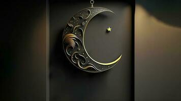 Hanging Exquisite Crescent Moon With Golden Shiny Star On Dark Background. 3D Render. photo