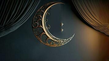 3D Render of Hanging Exquisite Shiny Carved Moon With Star And Curtain On Dark Background. Islamic Religious Concept. photo