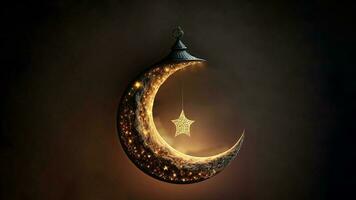 3D Render of Hanging Exquisite Carved Moon With Star On Dark Background. Islamic Religious Concept. photo