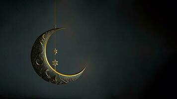 3D Render of Hanging Exquisite Shiny Carved Moon With Star On Dark Background. Islamic Religious Concept. photo