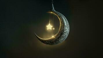 3D Render of Exquisite Shiny Crescent Moon On Bokeh Background. Islamic Religious Concept. photo