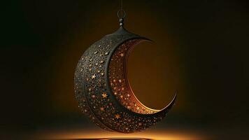 3D Render of Hanging Exquisite Carved Moon With Star On Dark Background. Islamic Religious Concept. photo