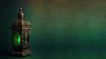 Realistic Illuminated Arabic Lantern On Green Background. 3D Render. photo