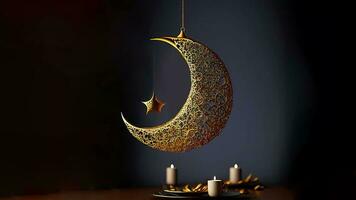 3D Render of Hanging Exquisite Shiny Carved Moon With Stars And Illuminated Candles On Black Background. Islamic Religious Concept. photo