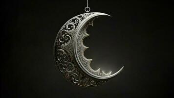 3D Render of Hanging Exquisite Shiny Carved Moon Black Background. Islamic Religious Concept. photo