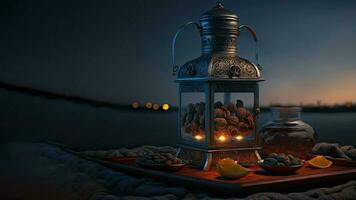 3D Render of Silver Arabic  Dates Jug With Glass, Dry Fruits On Plate Against Sand Dune. Islamic Religious Concept. photo