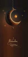 Ramadan Kareem Banner Design With 3D Render of Hanging Crescent Moon And Glowing Star On Bokeh Dark Background. photo