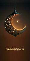 Ramadán Mubarak bandera diseño con 3d hacer de colgando brillante estrellado creciente Luna en negro antecedentes. foto