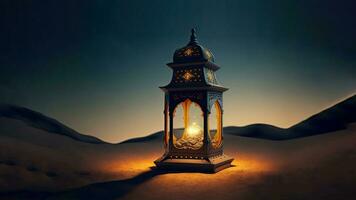 3D Render of Illuminated Arabic Lamp On Sand Dune. Islamic Religious Concept. photo