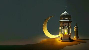 3d hacer de iluminado Arábica lámpara con creciente Luna en arena duna. islámico religioso concepto. foto